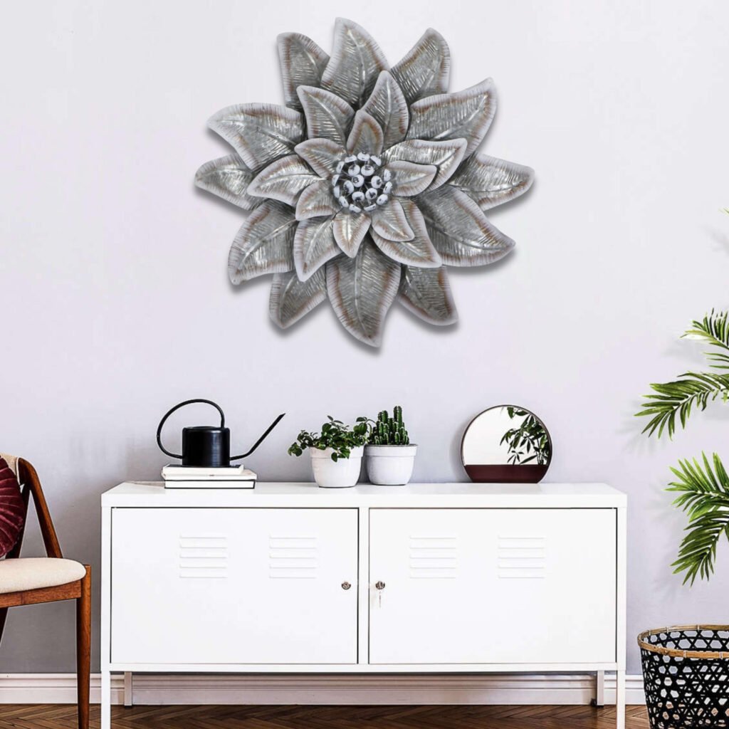 27″ X 27″ Gray and Off White Galvanized Metal Flower Hanging Dimensional Sculpture