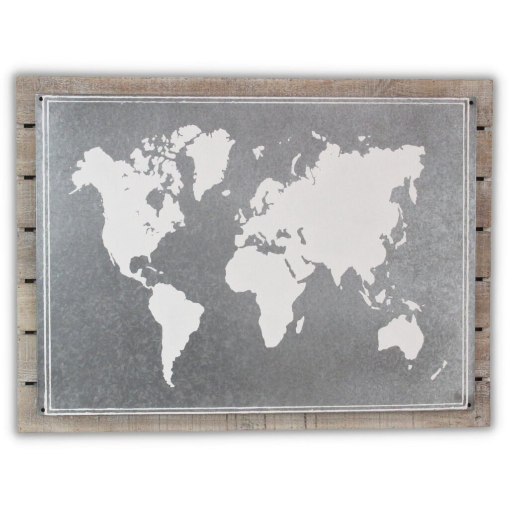 25″ X 34″ Brown and Gray Wood and Metal World Map Hanging Dimensional Sculpture