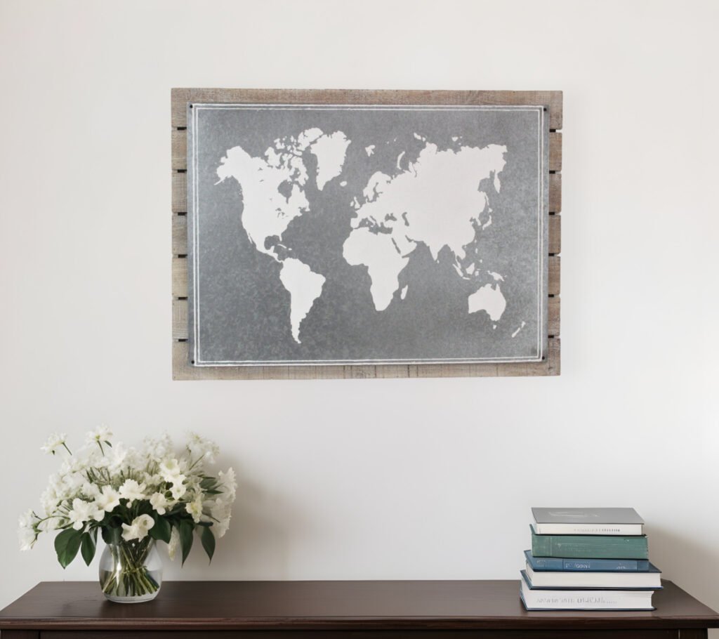 25″ X 34″ Brown and Gray Wood and Metal World Map Hanging Dimensional Sculpture