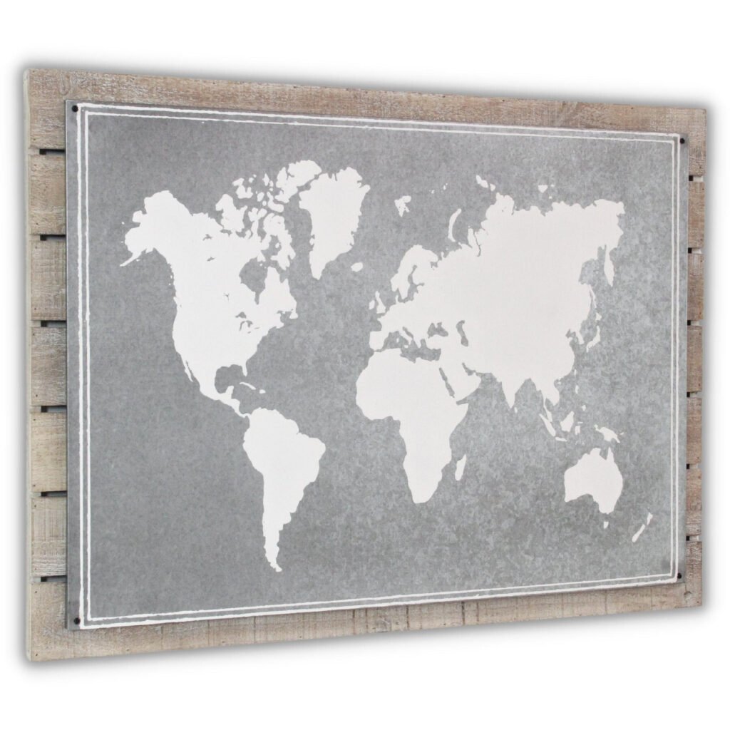 25″ X 34″ Brown and Gray Wood and Metal World Map Hanging Dimensional Sculpture