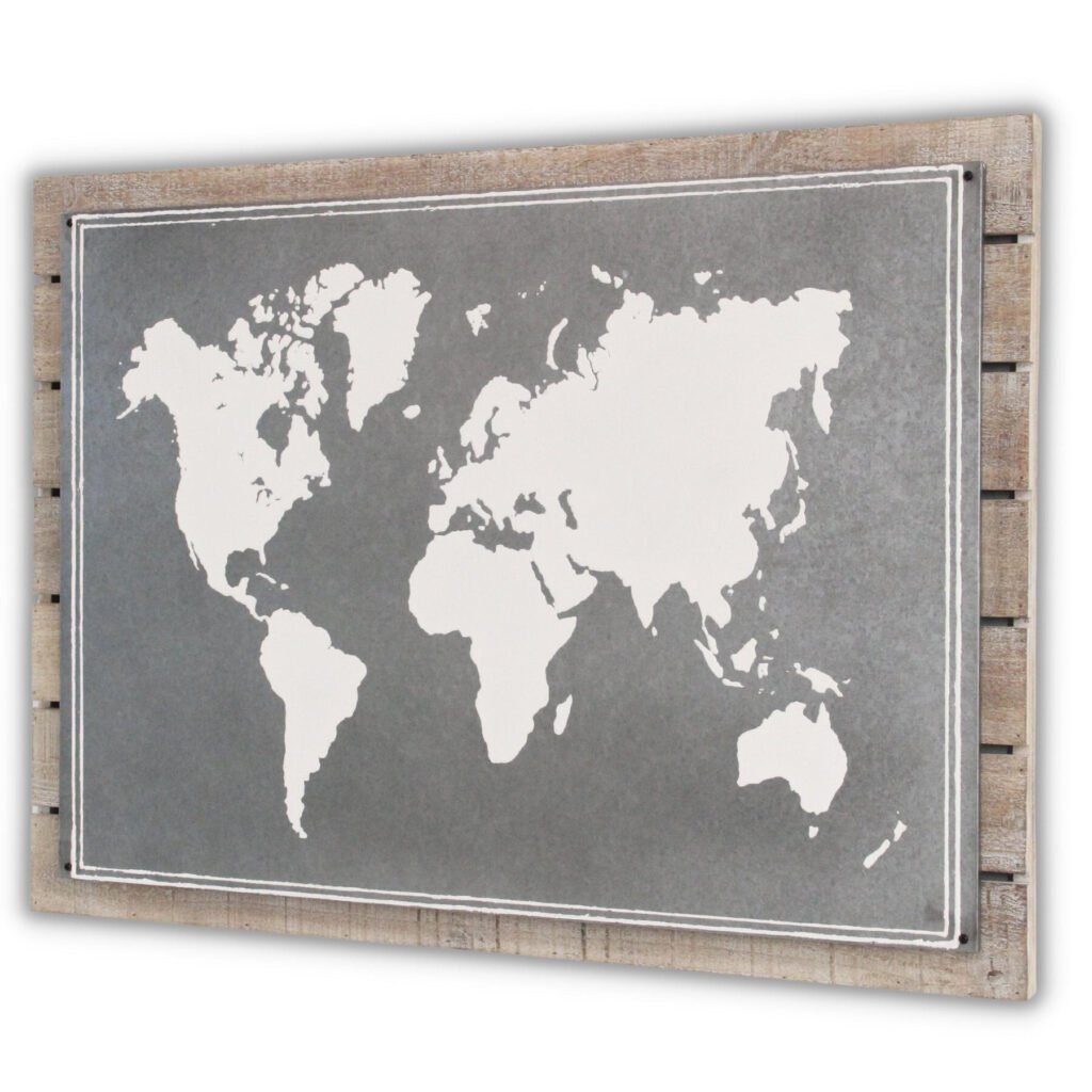 25″ X 34″ Brown and Gray Wood and Metal World Map Hanging Dimensional Sculpture