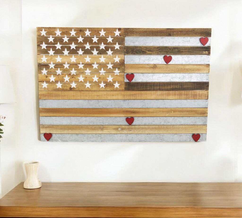 24″ X 36″ Brown and Gray Stars And Stripes Wood and Metal Hanging Dimensional Sculpture