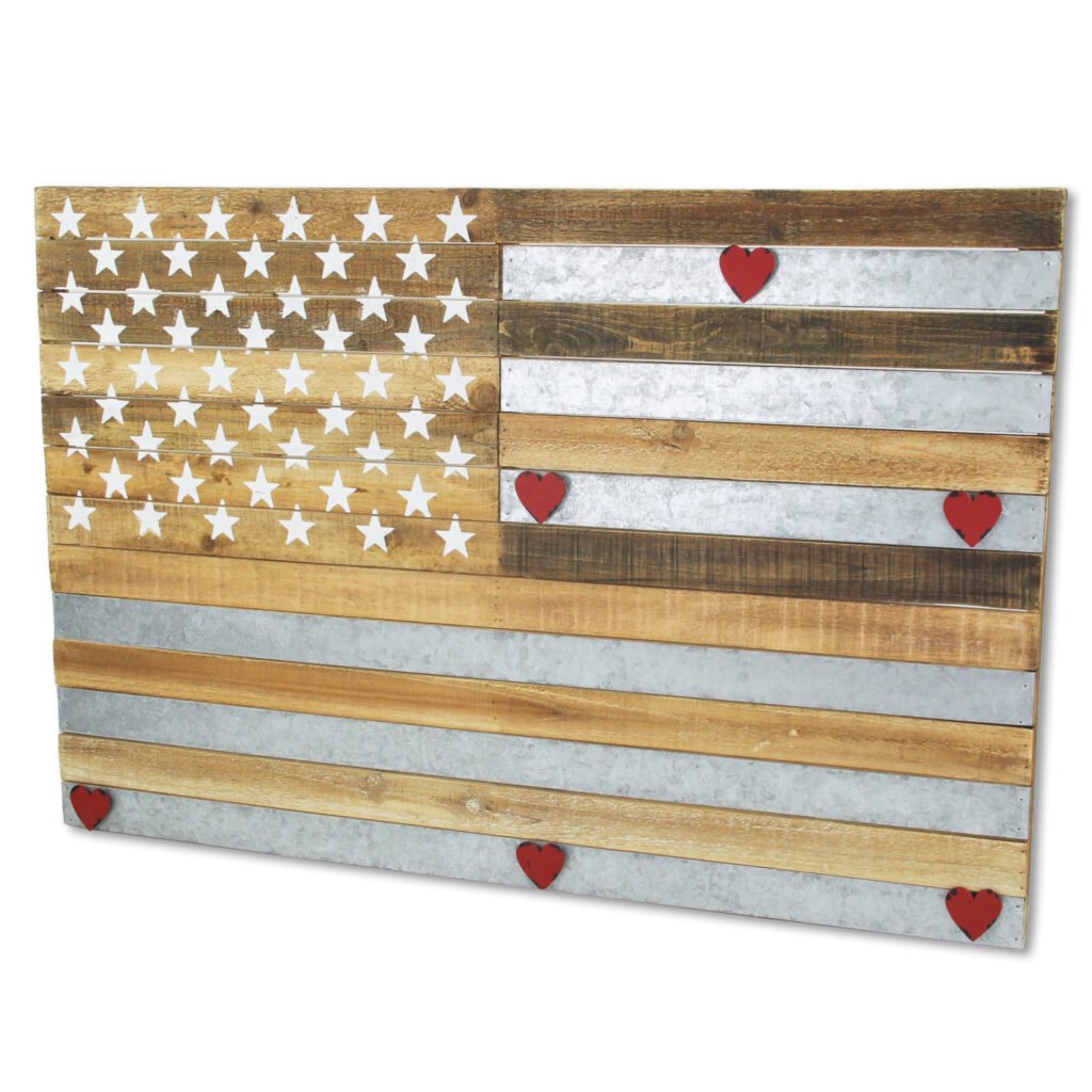 24″ X 36″ Brown and Gray Stars And Stripes Wood and Metal Hanging Dimensional Sculpture