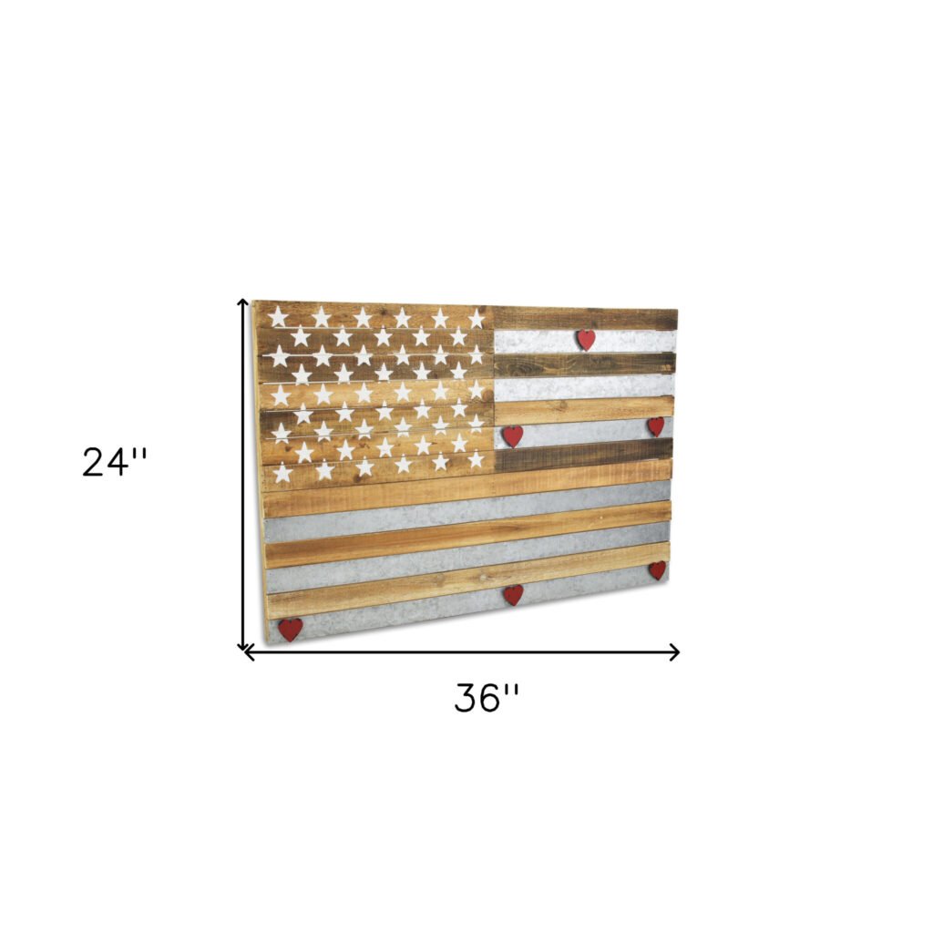 24″ X 36″ Brown and Gray Stars And Stripes Wood and Metal Hanging Dimensional Sculpture