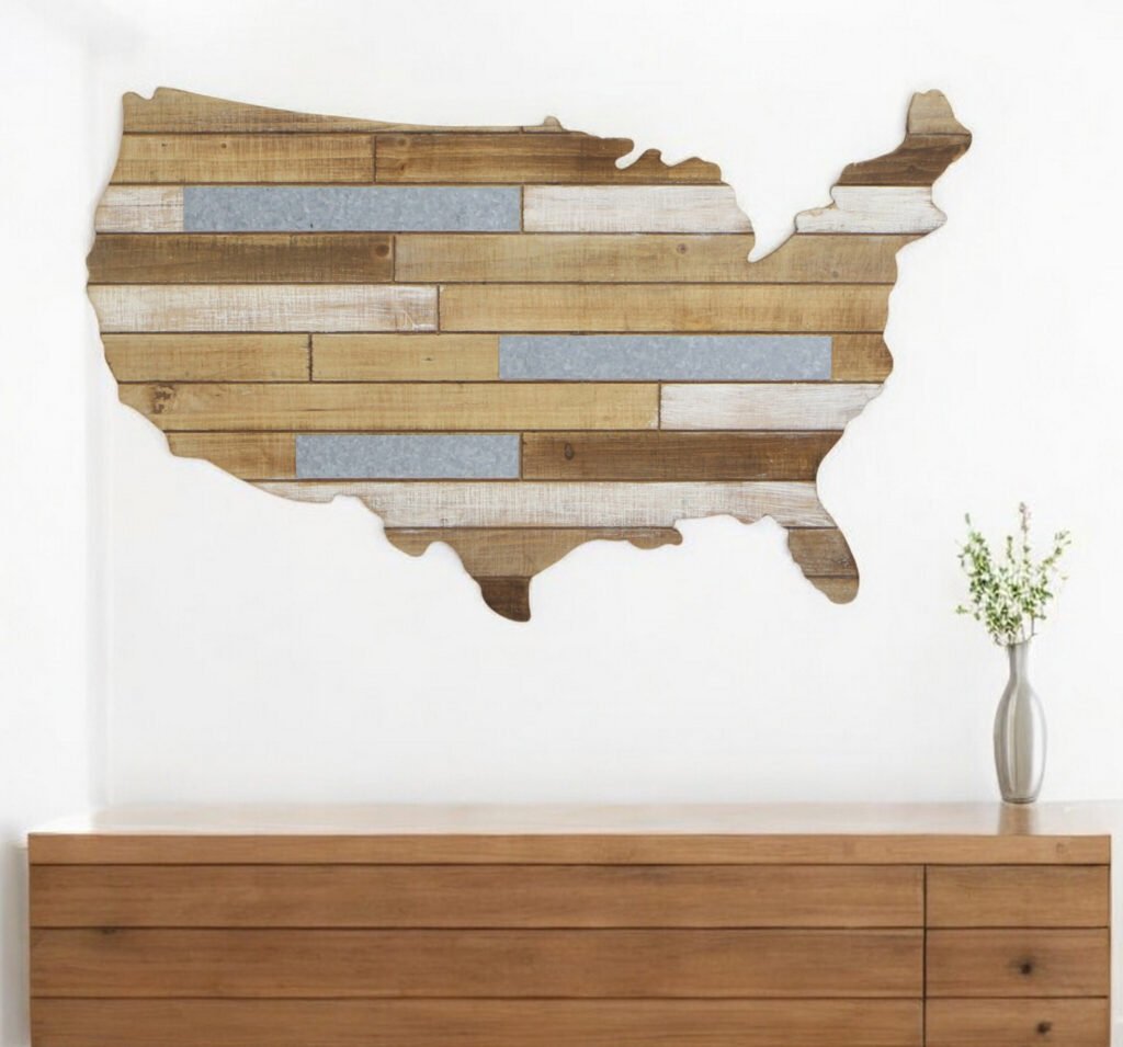 19″ X 31″ Brown and Gray USA Wood and Metal Hanging Dimensional Sculpture