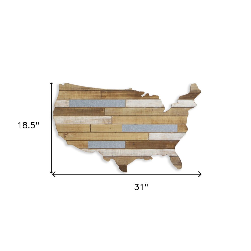 19″ X 31″ Brown and Gray USA Wood and Metal Hanging Dimensional Sculpture