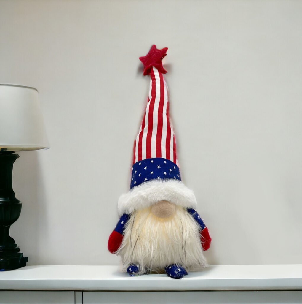 14″ Red White and Blue Fabric Standing Gnome Tabletop Sculpture With LED