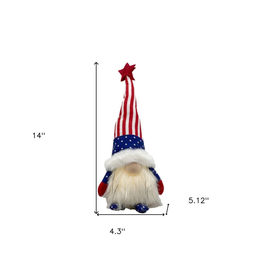 14″ Red White and Blue Fabric Standing Gnome Tabletop Sculpture With LED