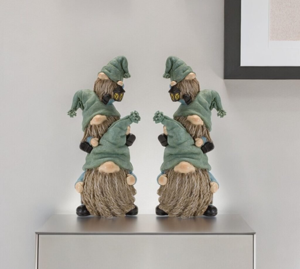 Set of Two 11″ Blue and Green Polyresin Other Fantasy Sci-Fi Sitting Gnome Tabletop Sculpture