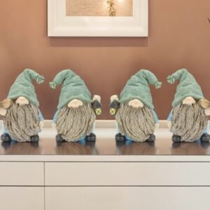 Set of Four Blue and Green Polyresin Garden Gnome Tabletop Sculptures