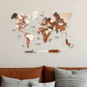 24" X 39" Brown and Beige Wood World Map Hanging Dimensional Sculpture