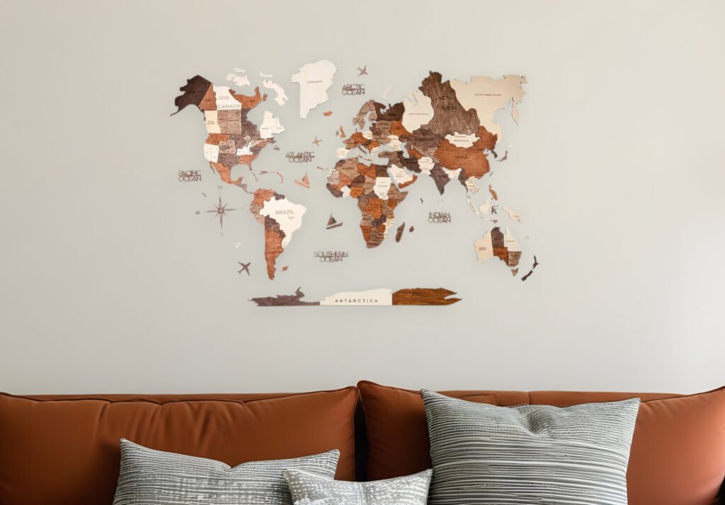 24″ X 39″ Brown and Beige Wood World Map Hanging Dimensional Sculpture