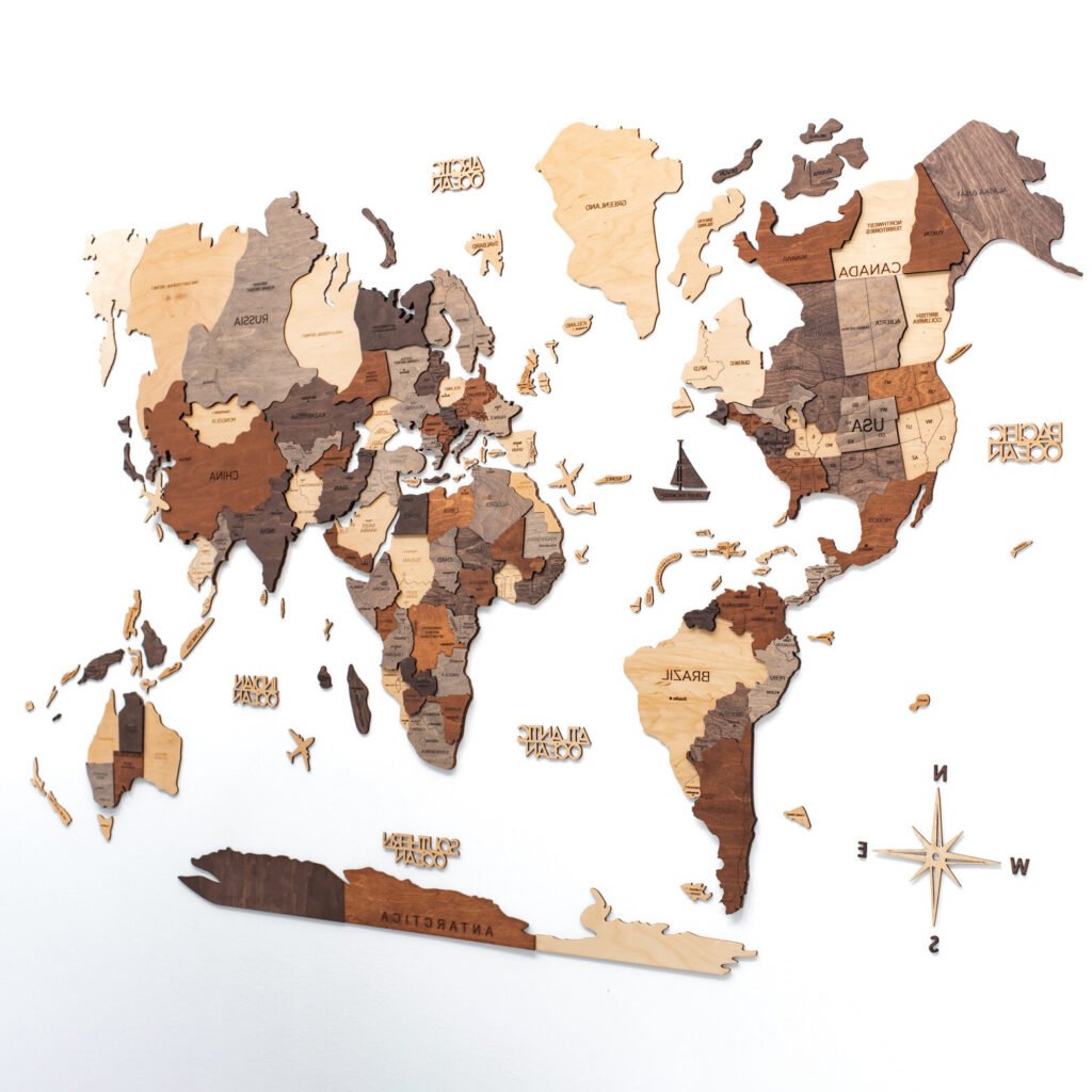 24″ X 39″ Brown and Beige Wood World Map Hanging Dimensional Sculpture