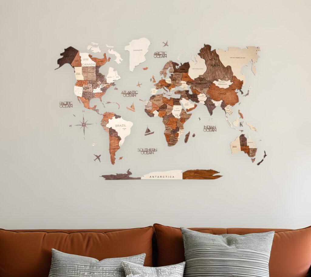 35″ X 59″ Brown and Beige Wood World Map Hanging Dimensional Sculpture