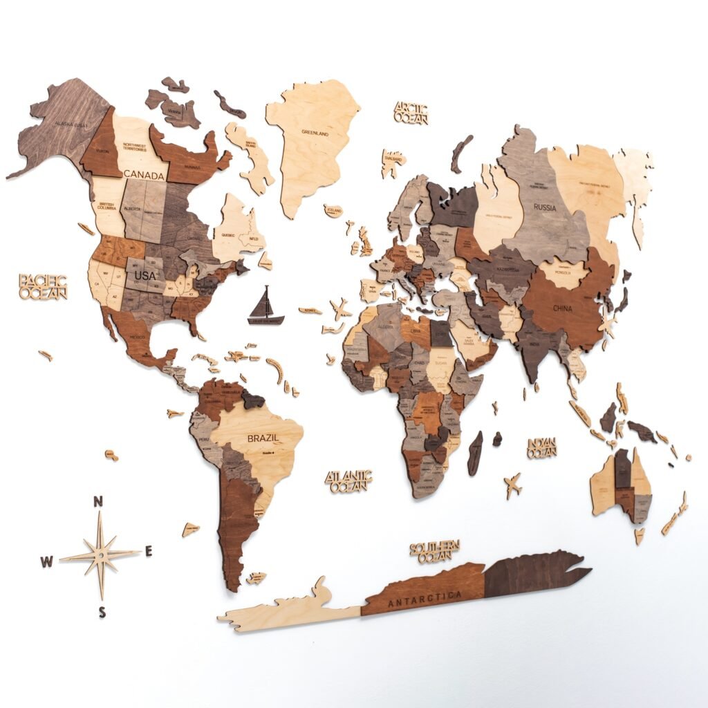 35″ X 59″ Brown and Beige Wood World Map Hanging Dimensional Sculpture