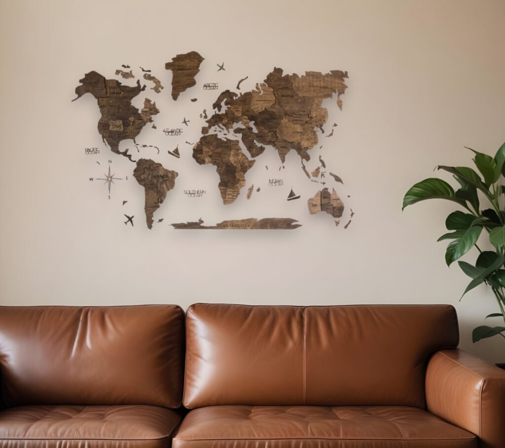 24″ X 39″ Brown Wood World Map Hanging Dimensional Sculpture