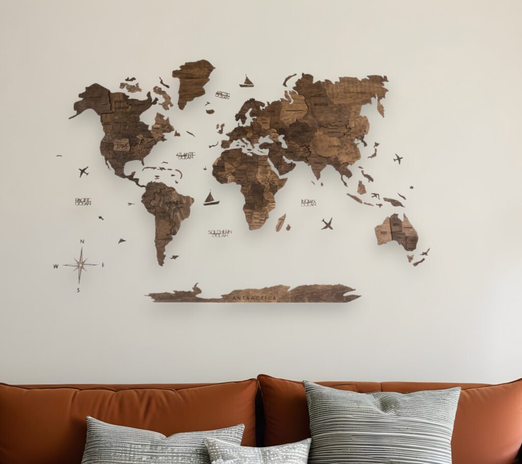 35″ X 59″ Dark Brown Wood World Map Hanging Dimensional Sculpture