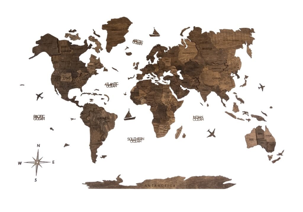 35″ X 59″ Dark Brown Wood World Map Hanging Dimensional Sculpture