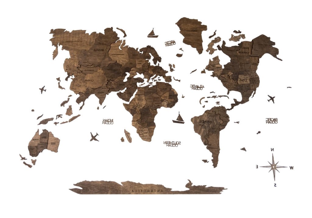35″ X 59″ Dark Brown Wood World Map Hanging Dimensional Sculpture