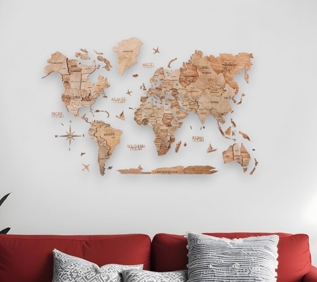 35″ X 59″ Wood Brown Wood World Map Hanging Dimensional Sculpture