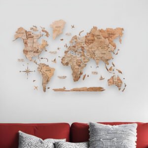 35" X 59" Wood Brown Wood World Map Hanging Dimensional Sculpture