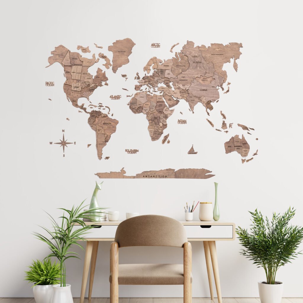 35″ X 59″ Wood Brown Wood World Map Hanging Dimensional Sculpture