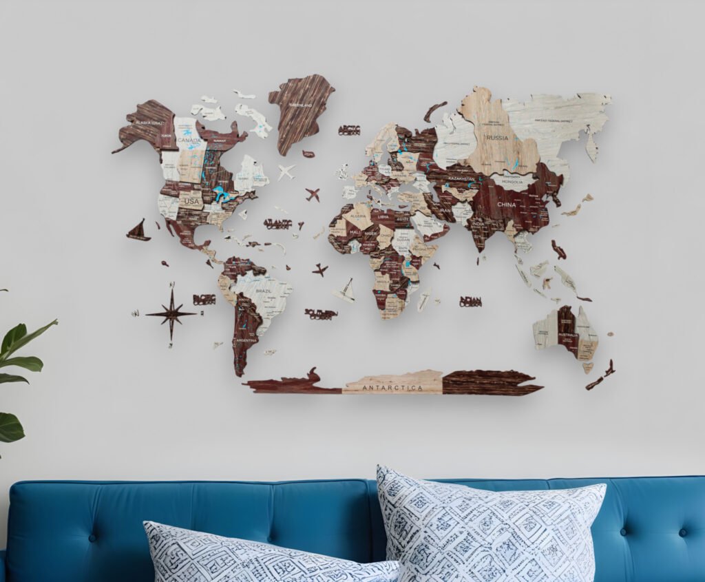 35″ X 59″ Brown and Beige Wood World Map Hanging Dimensional Sculpture