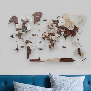 35" X 59" Brown and Beige Wood World Map Hanging Dimensional Sculpture