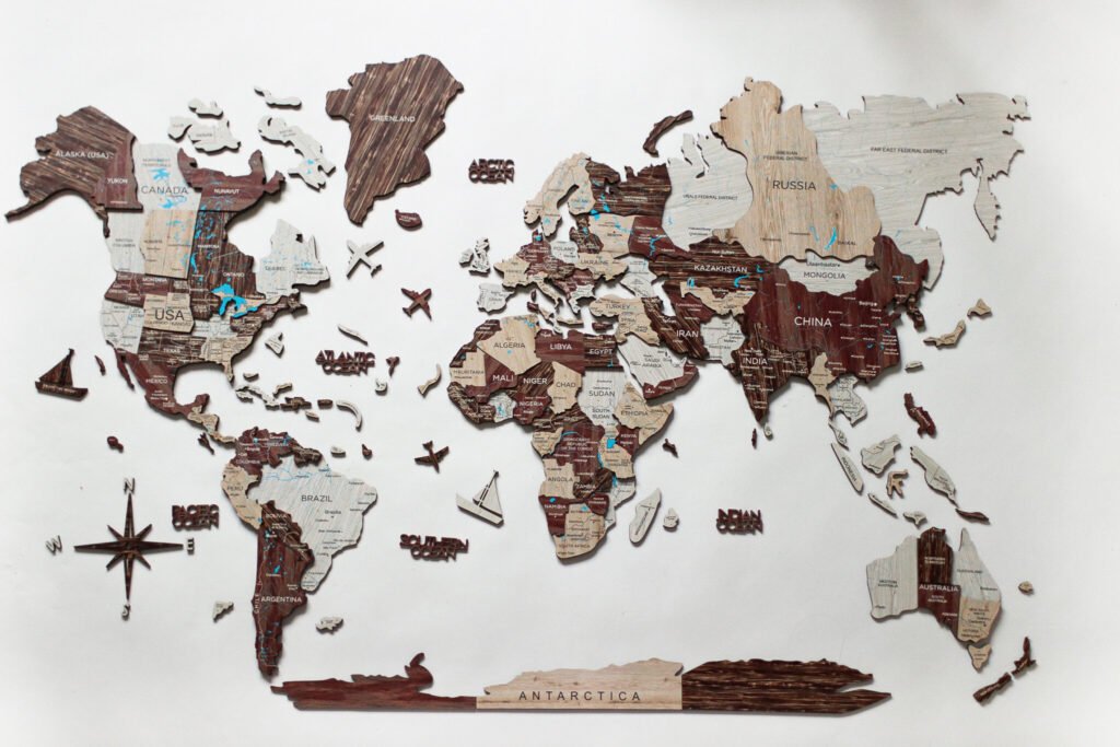 35″ X 59″ Brown and Beige Wood World Map Hanging Dimensional Sculpture