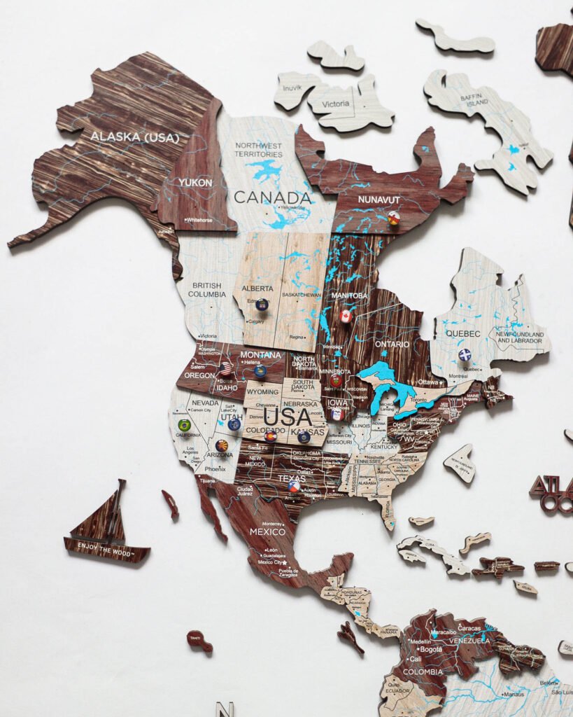 35″ X 59″ Brown and Beige Wood World Map Hanging Dimensional Sculpture