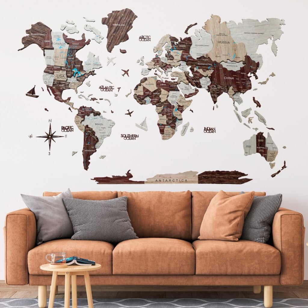 35″ X 59″ Brown and Beige Wood World Map Hanging Dimensional Sculpture