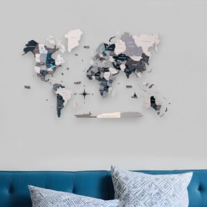 24" X 39" Black Gray and White Wood World Map Hanging Dimensional Sculpture