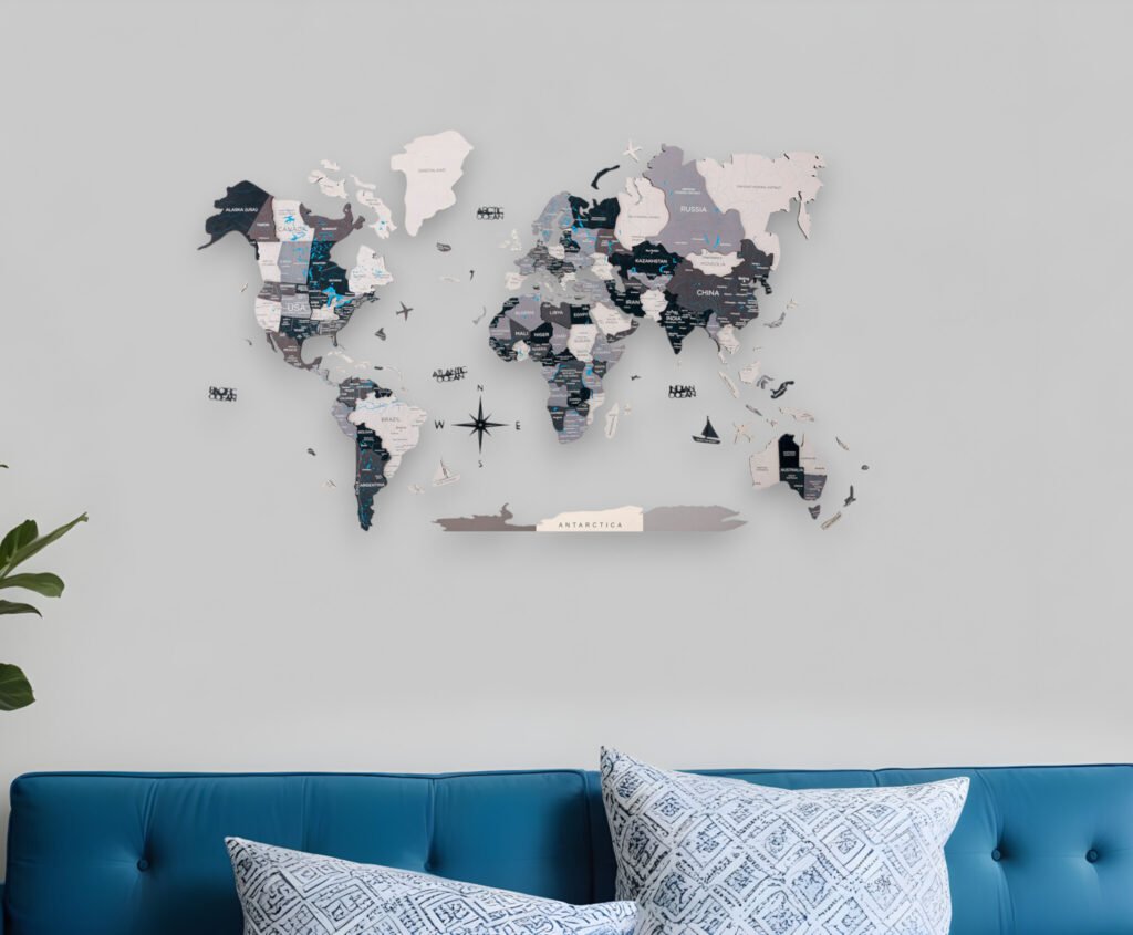 24″ X 39″ Black Gray and White Wood World Map Hanging Dimensional Sculpture