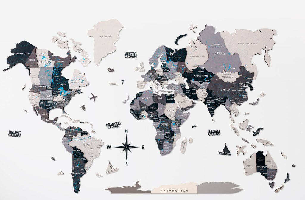 24″ X 39″ Black Gray and White Wood World Map Hanging Dimensional Sculpture
