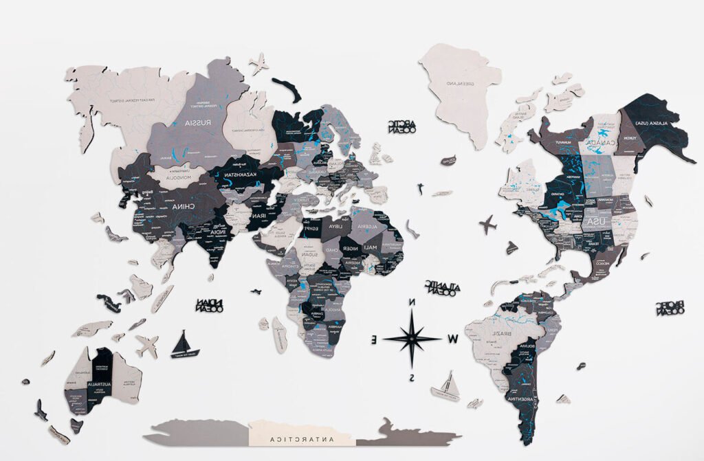 24″ X 39″ Black Gray and White Wood World Map Hanging Dimensional Sculpture
