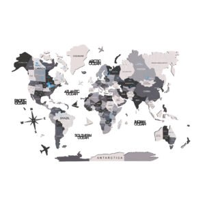 47" X 79" Black Gray and White Wood World Map Hanging Dimensional Sculpture