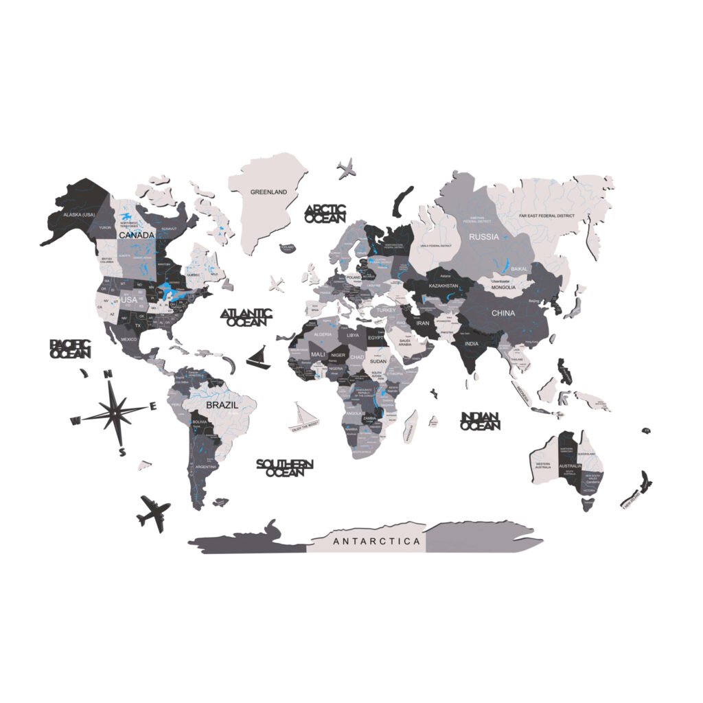 47″ X 79″ Black Gray and White Wood World Map Hanging Dimensional Sculpture