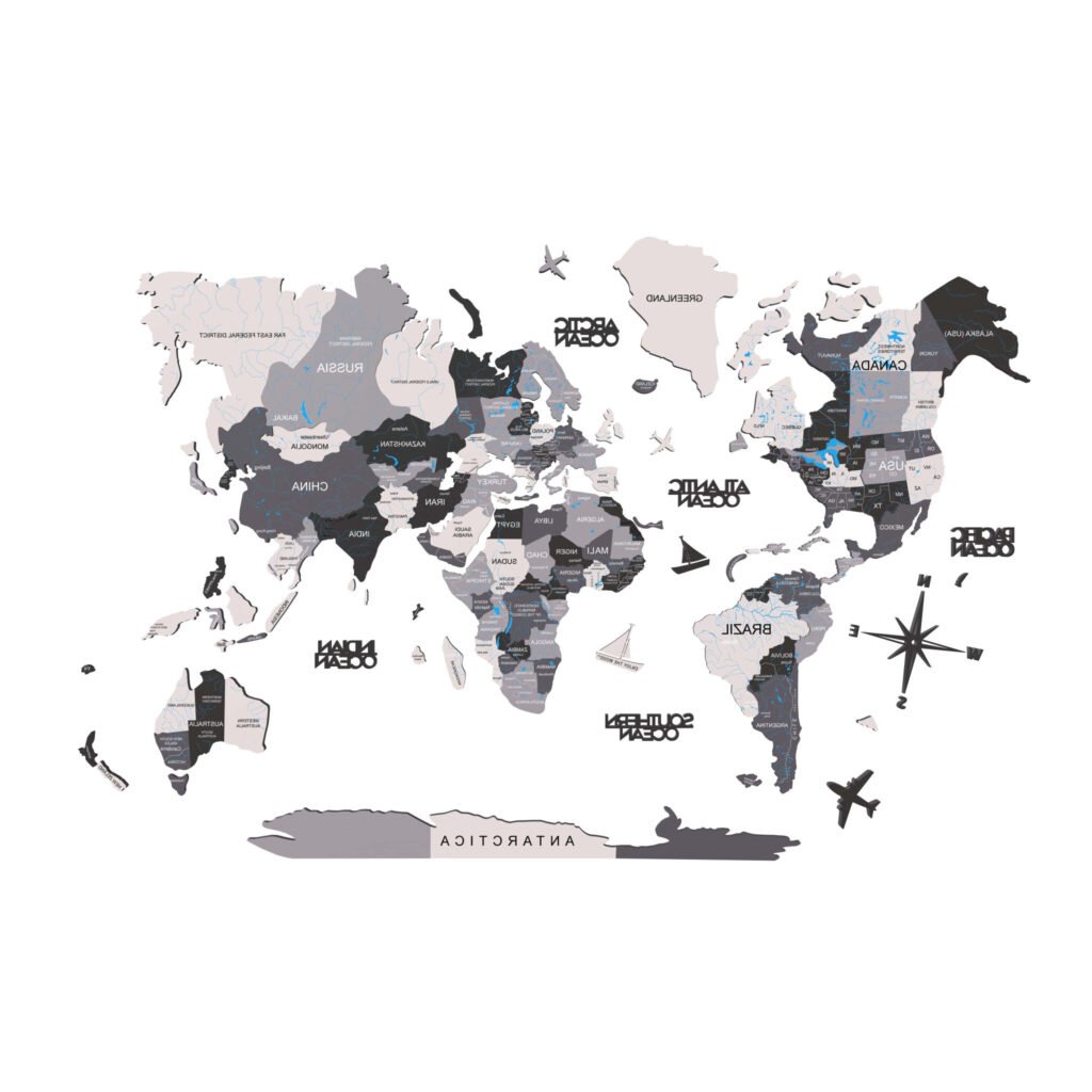 47″ X 79″ Black Gray and White Wood World Map Hanging Dimensional Sculpture