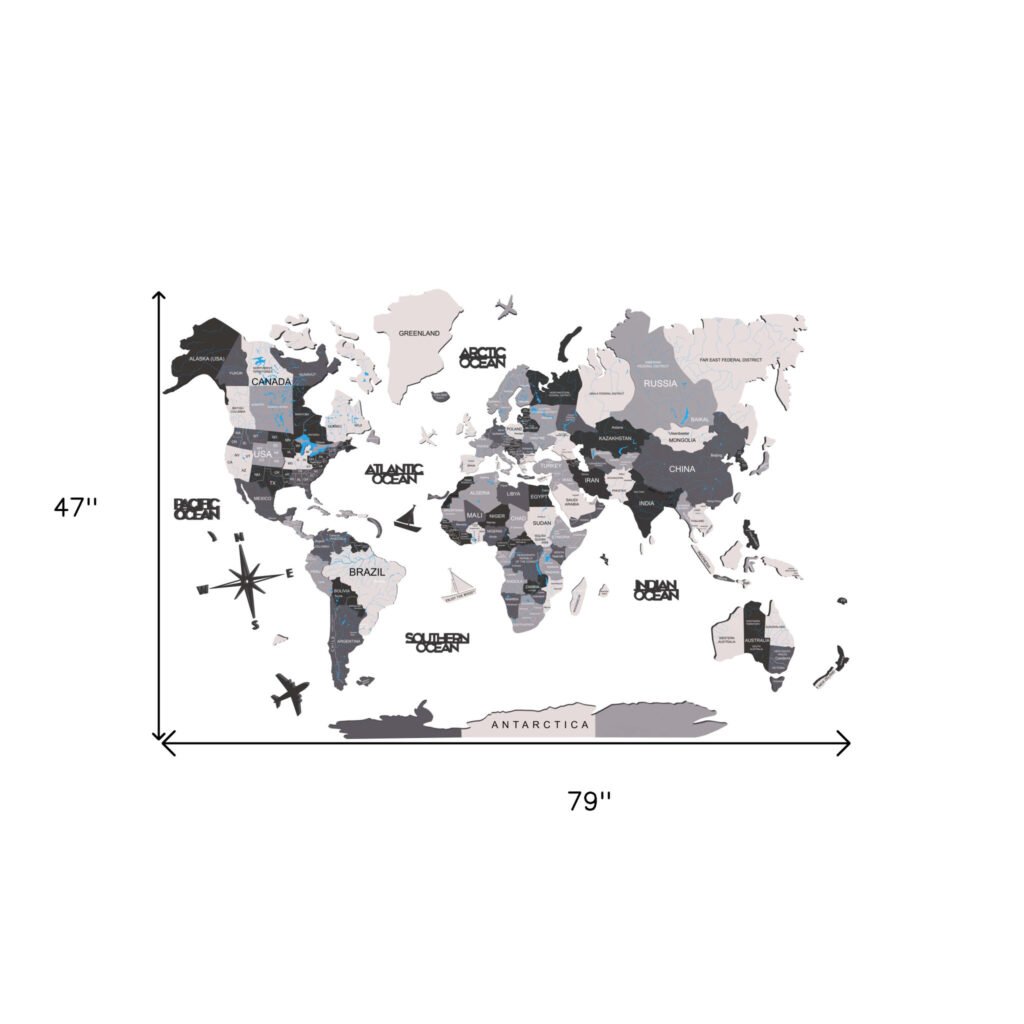 47″ X 79″ Black Gray and White Wood World Map Hanging Dimensional Sculpture