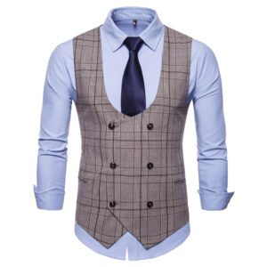 Color: Coffee Check, Size: M - Houndstooth Men's Fashion Casual Vest Slim Suit Vest Hot Sale