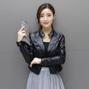 Color: Pink, Size: XL - Autumn and winter women's stand collar zipper leather short coat Korean version of pu slim slimming jacket small coat motorcycle suit