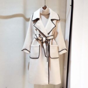 Color: White, Size: S - Wave edge suit collar long wool coat Korean slim tie coat