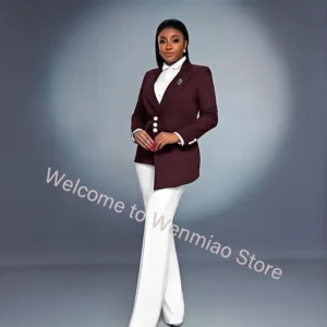 Color: Claret, Size: XXL - Navy Women's Blazer 2-piece Set Fashionable Jacket Pants Set Ladies Suit Formal Business Workwear Office Lady Outfit