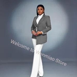 Color: GRAY, Size: XL - Navy Women's Blazer 2-piece Set Fashionable Jacket Pants Set Ladies Suit Formal Business Workwear Office Lady Outfit