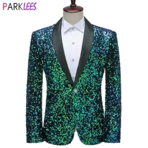 Color: Silver, Size: XL - Shiny Green Sequins Bling Glitter Blazer Men 2023 Shawl Collar One Button Tuxedo Suits&Blazer Mens Wedding Party Stage Costumes