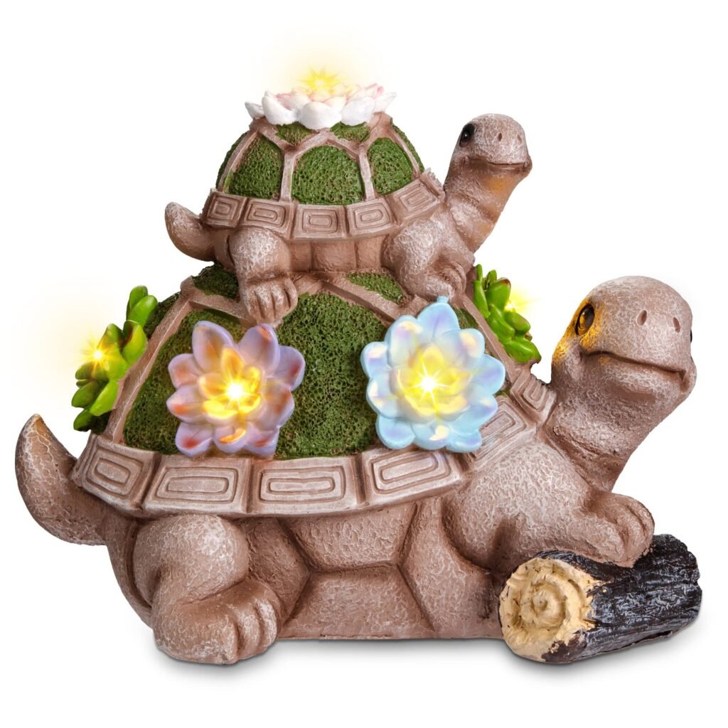 US GARVEE Solar Outdoor Garden Sculptures Statue Resin Turtles Figurine with Succulent and 5 LED