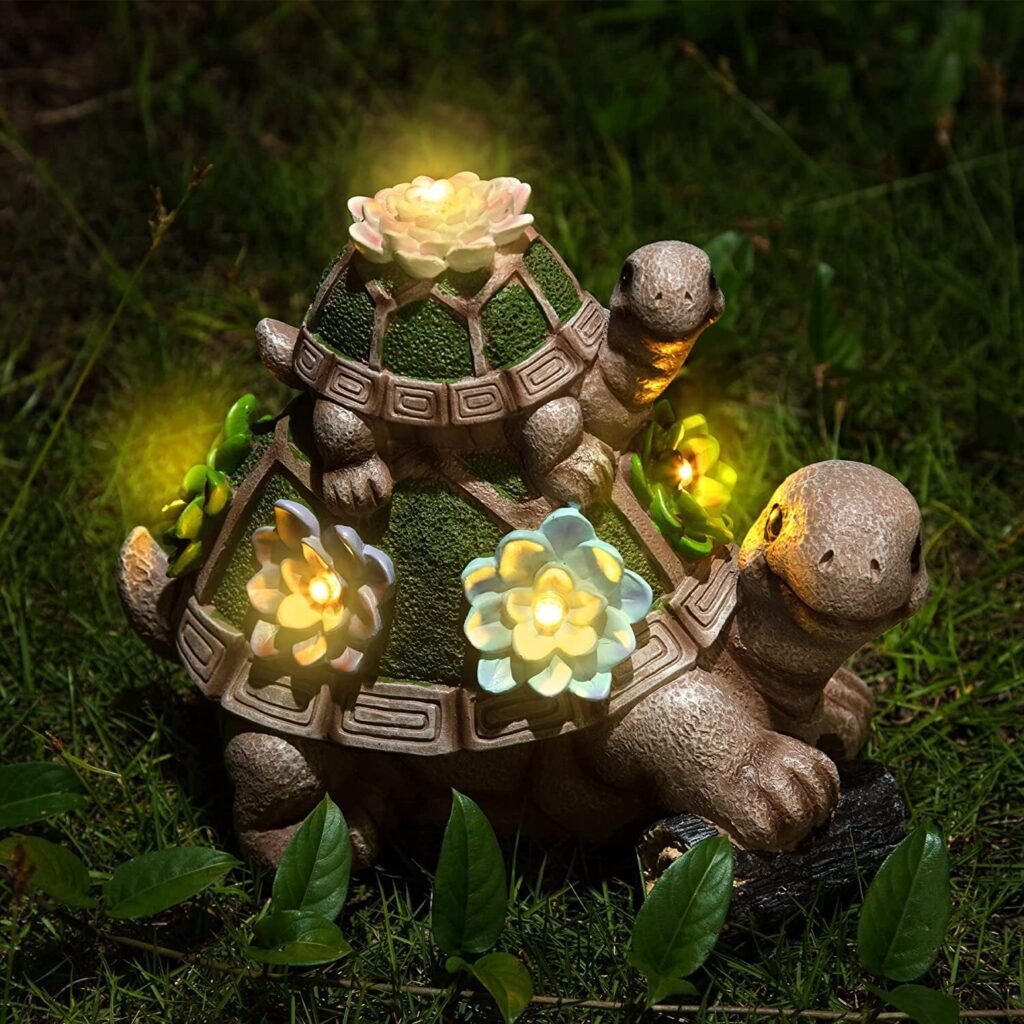 US GARVEE Solar Outdoor Garden Sculptures Statue Resin Turtles Figurine with Succulent and 5 LED