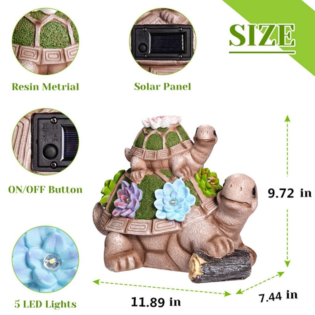 US GARVEE Solar Outdoor Garden Sculptures Statue Resin Turtles Figurine with Succulent and 5 LED