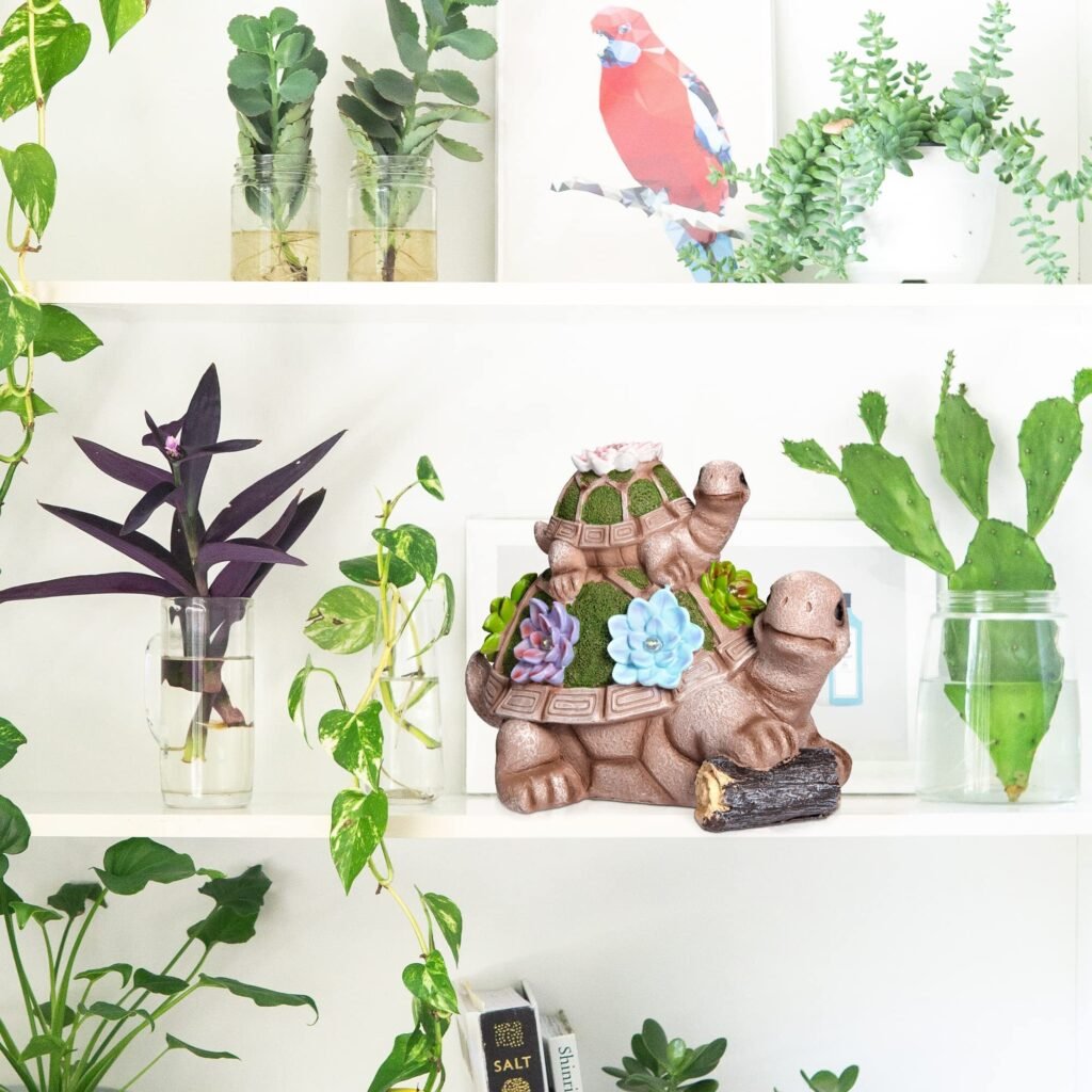 US GARVEE Solar Outdoor Garden Sculptures Statue Resin Turtles Figurine with Succulent and 5 LED