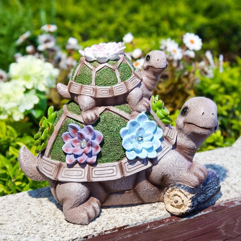US GARVEE Solar Outdoor Garden Sculptures Statue Resin Turtles Figurine with Succulent and 5 LED
